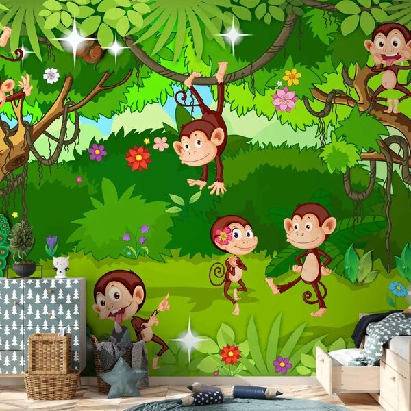 Carta da parati moderna Scimmiette giocose - abitanti della giungla sorridenti tra gli alberi