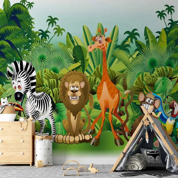 Carta da parati Giungla - animali selvatici dell'Africa tra alberi verdi per bambini