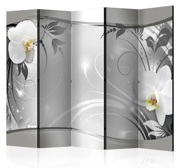 Paravento design Astrazione argentea II - orchidee su sfondo argentato con ornamenti
