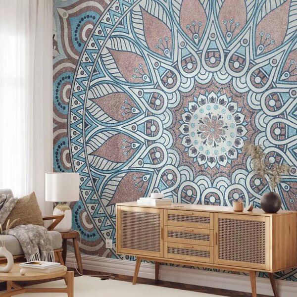 Carta da parati moderna Cerchio orientale - mandala con motivo vegetale in marrone e blu