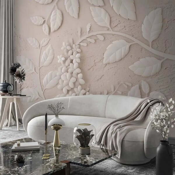 Carta da parati moderna Fiori di carta beige - foglie bianche su sfondo muro chiaro