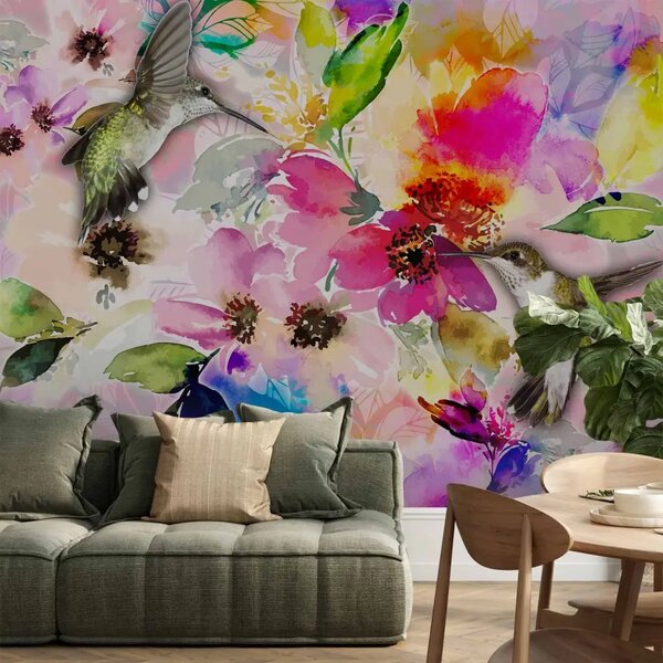 Carta da parati moderna Colori della natura - colibrì su fiori pastello