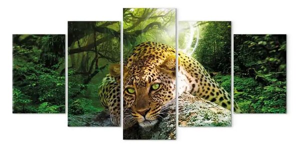 Quadro moderno Leopardo sdraiato (5 pezzi) largo verde - felino selvatico bosco