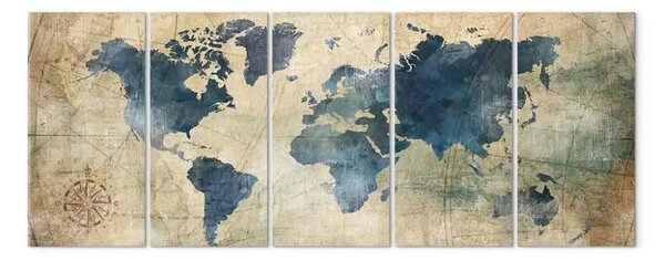 Quadro su tela Mappa retrò (5 pezzi) stretto - mappa mondo design retrò chiaro
