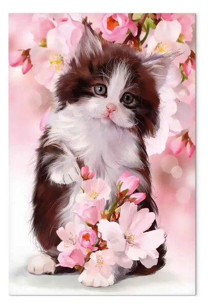 Quadro su tela Gattino dolce verticale - animale sfondo fiori rosa
