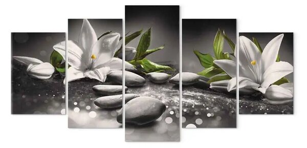 Quadro moderno Fiori di loto e pietre (5 pezzi) largo grigio - natura stile Zen
