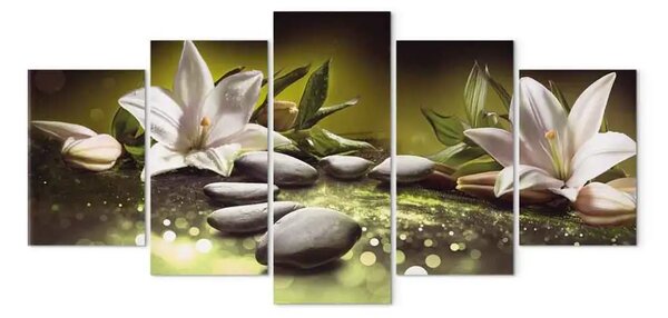 Quadro Fiori di loto e pietre (5 pezzi) largo - natura morta stile Zen