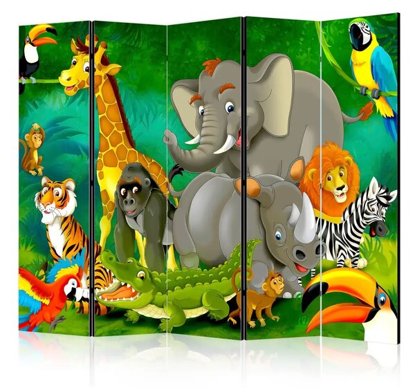 Paravento separè Safari colorato II - animali disegnati su sfondo di giungla africana