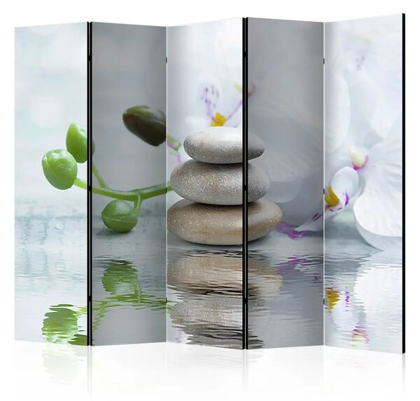 Paravento design Riflessi nell'acqua II - pietre con piante davanti all'acqua