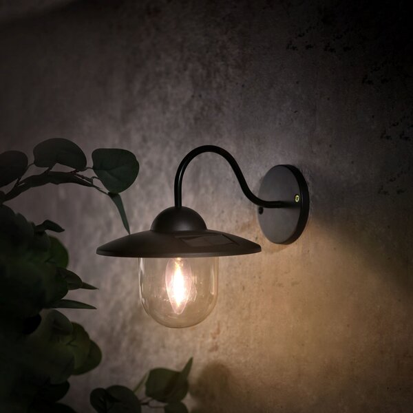 Lampada solare a LED con paralume per la parete della facciata all'aperto in nero | 180 x 235 x 200 mm (L. x L. x H.) | 10 lumen | bianco caldo (2700 K)