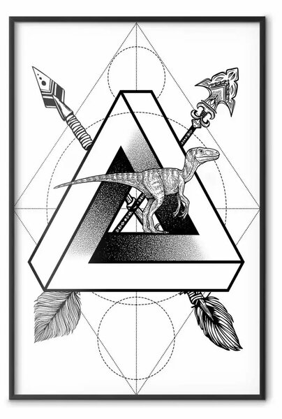 Poster: Terra dei dinosauri - astrazione geometrica con dinosauro