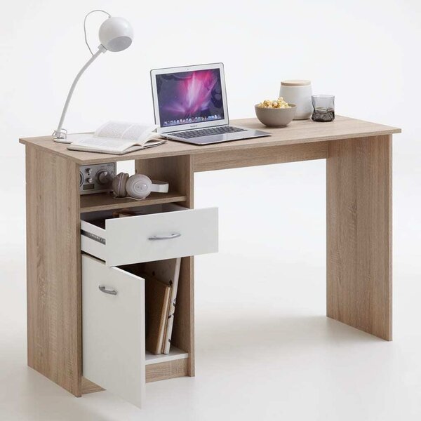 Scrivania FMD con 1 cassetto 123×50×76,5 cm in rovere marrone e bianco