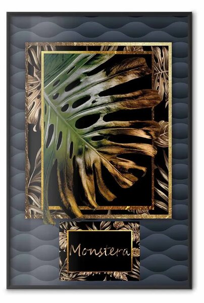 Poster: Monstera dorata - composizione con pianta tropicale su sfondo scuro