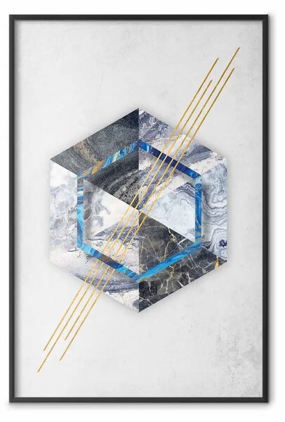 Poster: Occhio esagonale - astrazione geometrica in argento con tocchi di oro