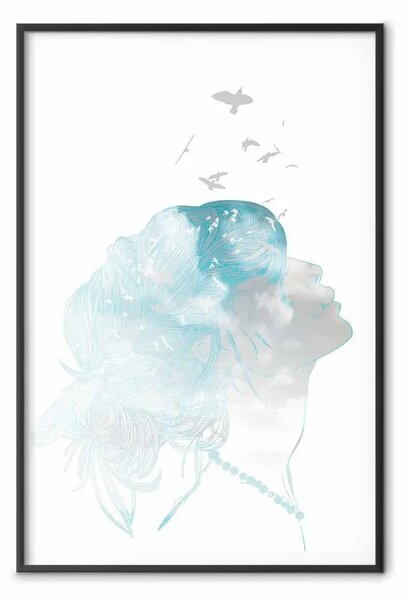 Poster: Guarda il cielo - composizione scandinava con volto di donna e uccelli