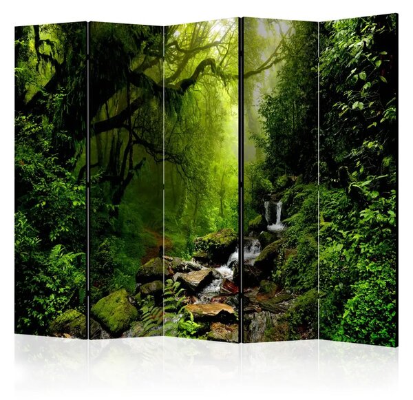 Paravento separè Bosco delle fiabe II - paesaggio di foresta verde con cascata e rocce