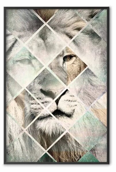 Poster: Leone su scacchiere - felino in astrazione colorata