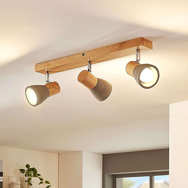 Faretto Lindby Filiz, 3 luci, lunghezza 47 cm, legno, cemento, E14
