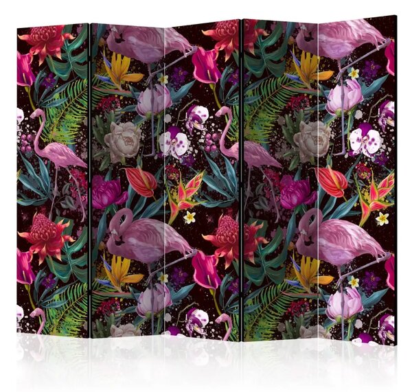 Paravento design Esotismo colorato II - fenicotteri e natura tropicale