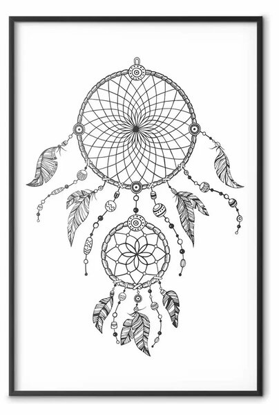 Poster: Acchiappasogni - composizione semplice bianco-nera con amuleto tribale