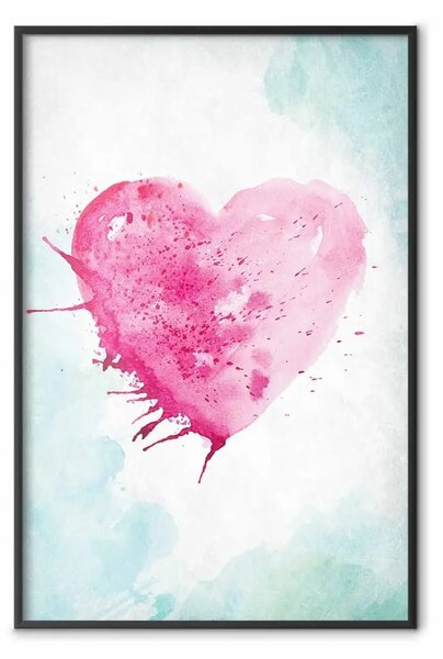 Poster: Amore ad acquarello - composizione con cuore rosa su sfondo azzurro