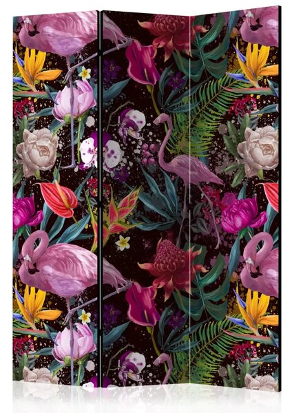 Paravento design Esotismo colorato - fenicotteri tra vegetazione tropicale colorata
