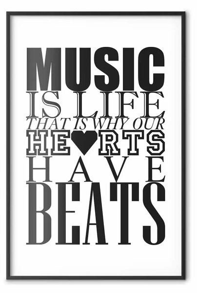 Poster: La musica è vita - composizione con scritte bianco-nero e cuore