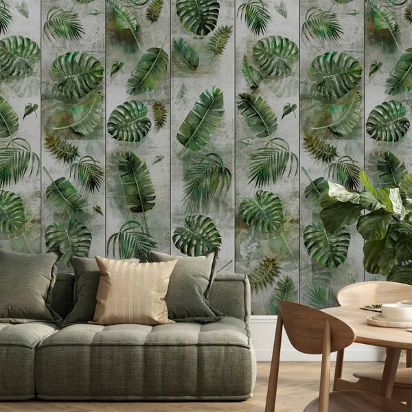 Carta da parati design Foglie sul cemento (verde)