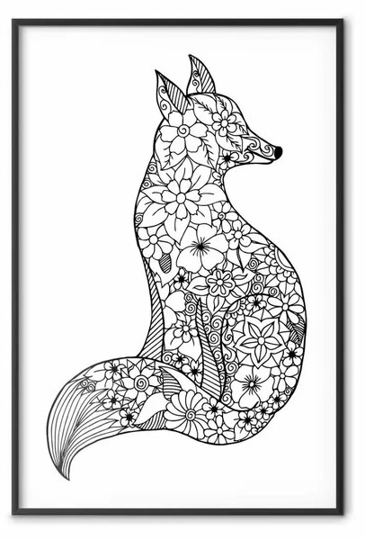 Poster: Volpe con fiori - stile scandinavo in B/N