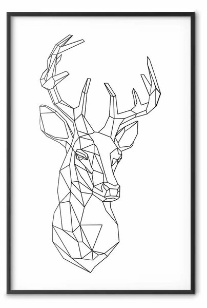 Poster: Cervo geometrico - lineart nero con animale cornuto e sfondo bianco