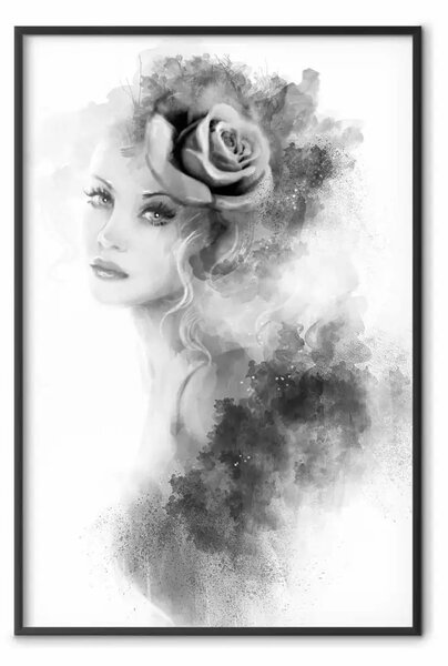 Poster: Ritratto ad acquerello - figura di donna con rosa tra i capelli