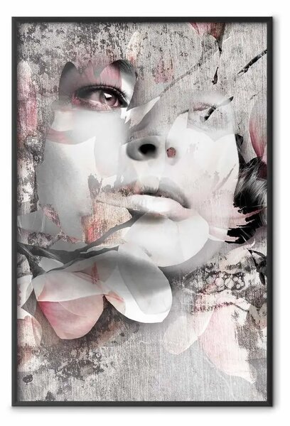 Poster: Donna pensosa - astrazione con un volto femminile e fiori rosa