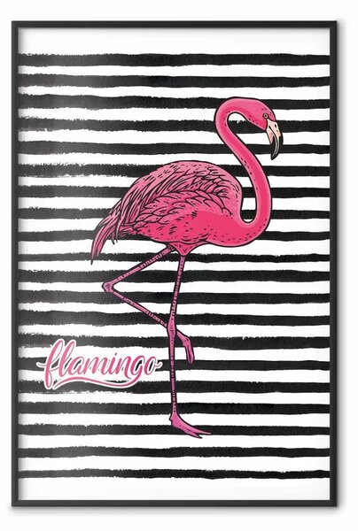 Poster: Strisce nere e un fenicottero: iscrizione e uccello rosa