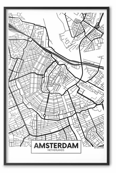 Poster: Mappa di Amsterdam: mappa città con iscrizioni inglese