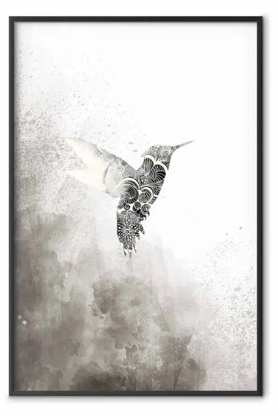 Poster: Colibrì etnico - astrazione uccello in grigi