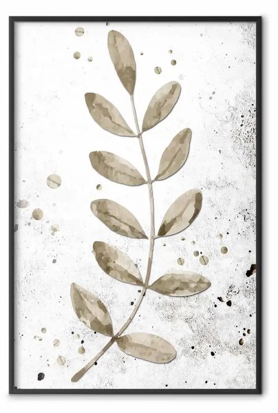 Poster: Un unico ramoscello: delicate foglie autunnali su sfondo grigio