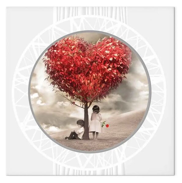 Quadro moderno Albero dell'amore - sagoma di persone sotto foglie rosse