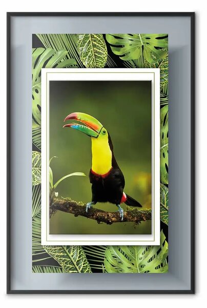 Poster: Tucano - un uccello colorato seduto su un ramo tra foglie tropicali