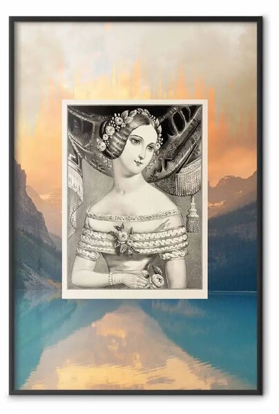 Poster: Ritratto retrò: donna bianco-nero, catena montuosa