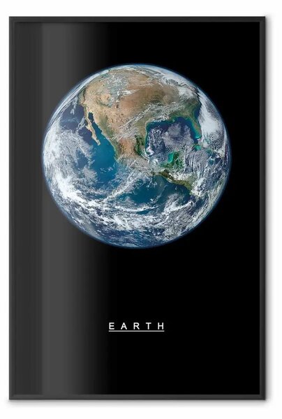 Poster: Terra - iscrizione e pianeta blu-verde sullo sfondo dello spazio nero