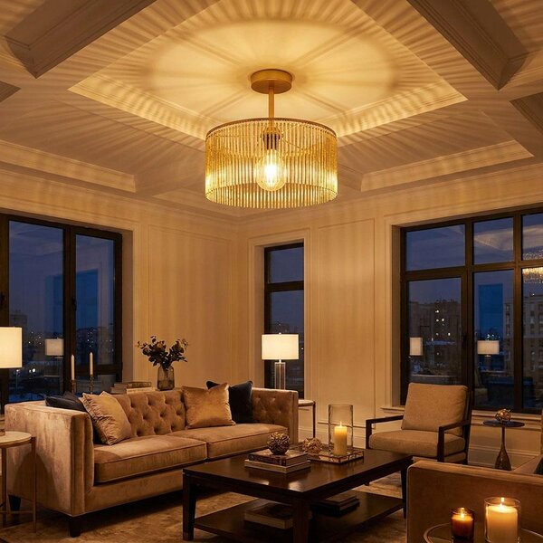Lampada da soffitto a LED, color oro, barre in acrilico color ambra, H 32 cm