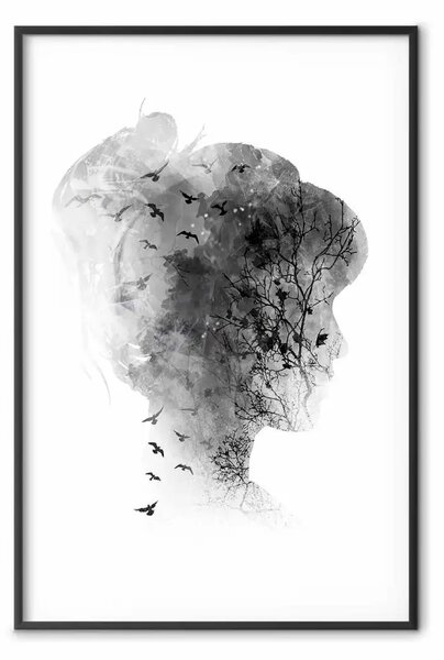 Poster: Mente aperta: astrazione donna e uccelli