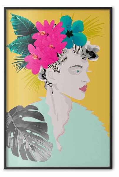 Poster: Fiori tra i capelli - astrazione colorata con ritratto