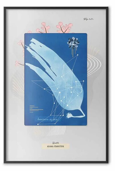 Poster: Glon - astrazione blu con motivo vegetale e iscrizioni su grigio
