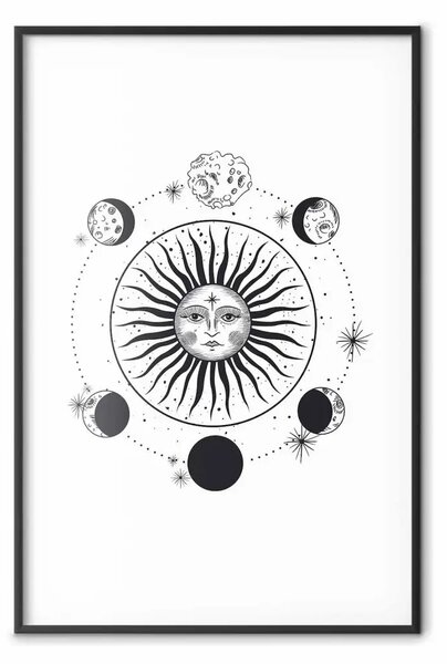 Poster: Fasi lunari - composizione con sole dal volto umano