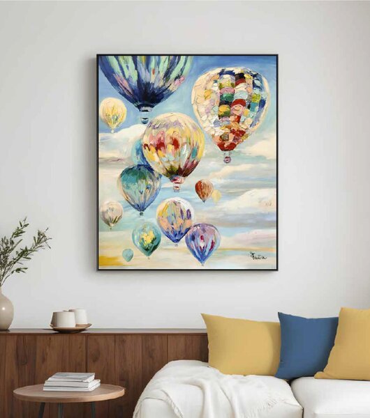 Quadro da parete, quadro con cornice MONGOLFIERE IN VOLO 100x120x1,6 cm Verticale pannello in legno disegnato su tela a mano