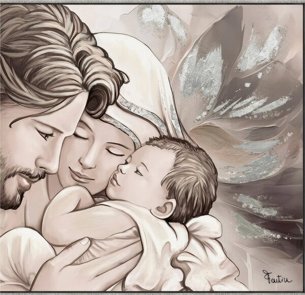 Quadro da parete, quadro con cornice SACRA FAMIGLIA SILVER 140x70x1,6 cm Orizzontale pannello in legno disegnato su tela a mano