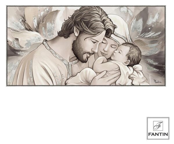 Quadro da parete, quadro con cornice SACRA FAMIGLIA SILVER 140x70x1,6 cm Orizzontale pannello in legno disegnato su tela a mano