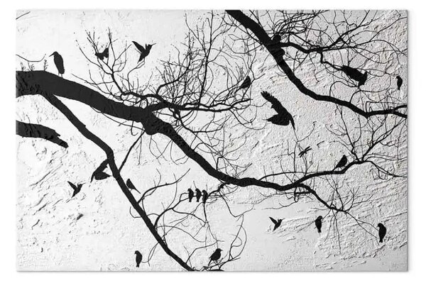 Quadro su tela Uccelli sull'albero - paesaggio nero su uno sfondo cementato