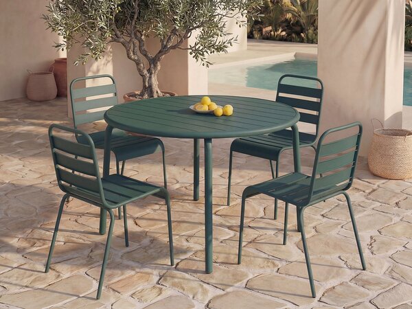 Sala da pranzo da giardino un tavolo D.110 cm e 4 sedie impilabili in Metallo Verde abete - MIRMANDE di MYLIA